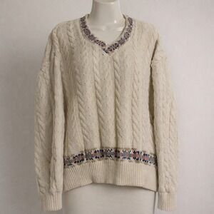 Ralph Lauren Chaps Cream Cable Knit‎ Sweater Geometric Trim SZ Large Cottage